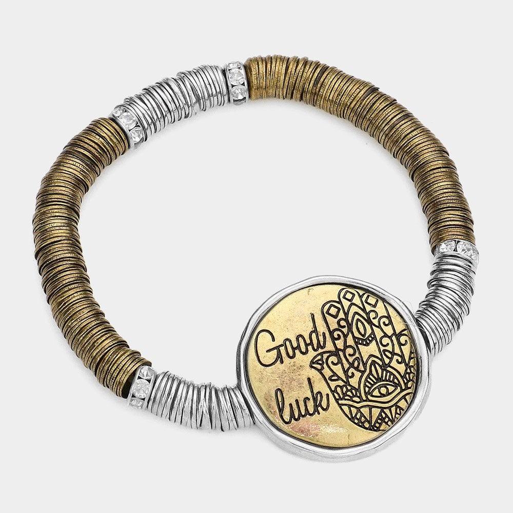 Boho Hamsa Good Luck Stretch Bracelet Disc Bead Two Tone Crystal Accents