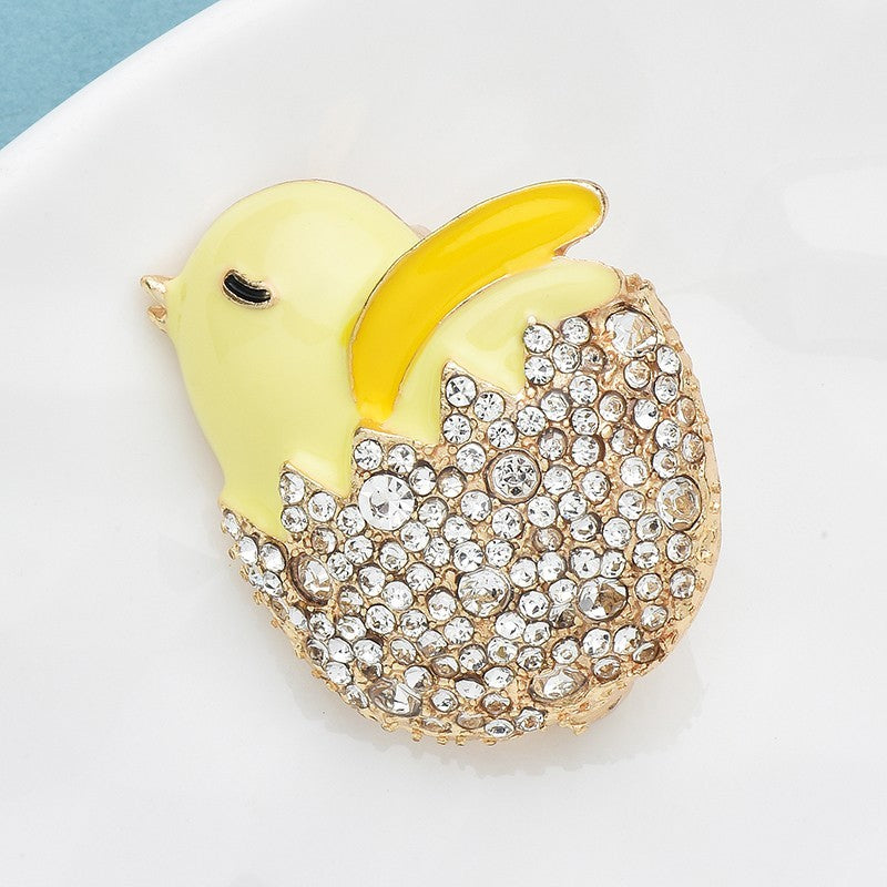 Yellow Chick Hatching Egg Rhinestone Brooch Pin Crystal Enamel