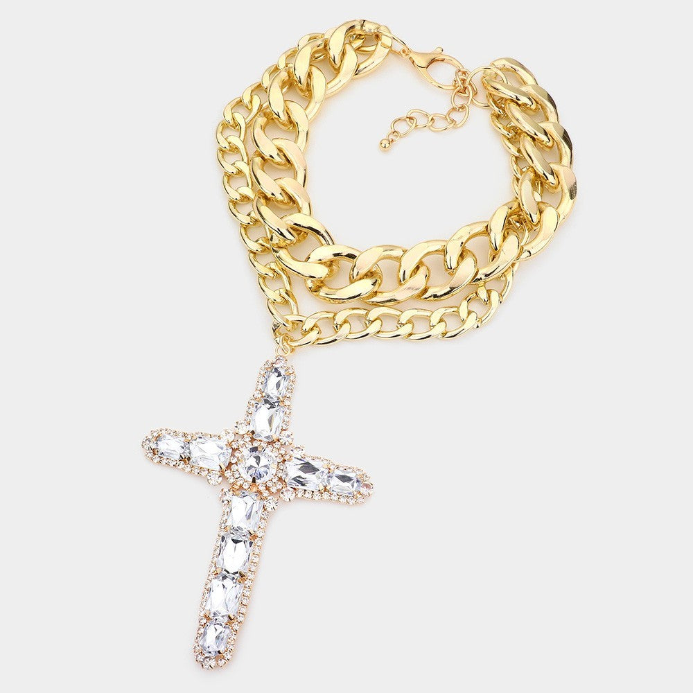 Crystal Cross Statement Necklace Set for Women Gold Chunky Curb Chain