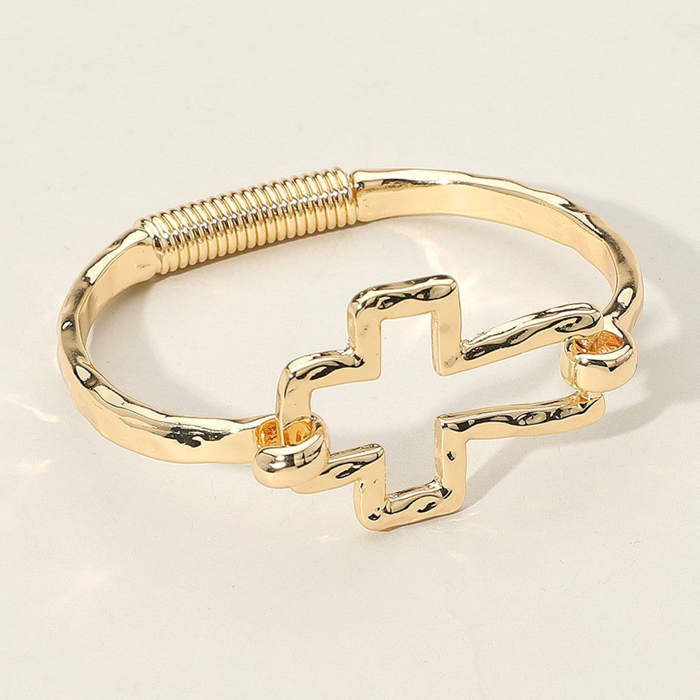 Hammered Gold Tone Open Cross Pointed Hinged Bangle Bracelet for Women