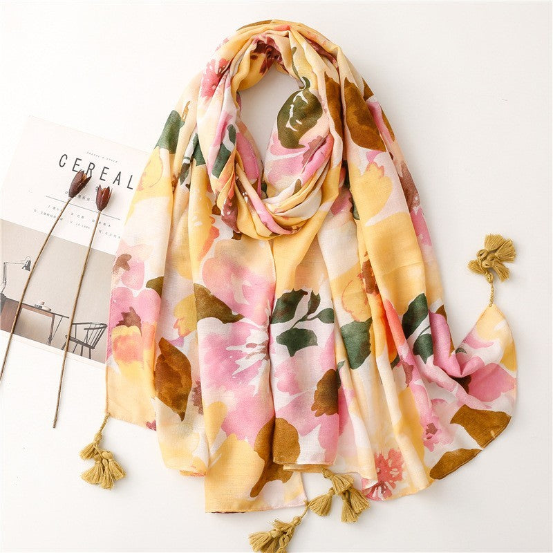 2pcs Floral Tassel Shawl Scarf Large Soft Spring Fashion Wrap Yellow Pink
