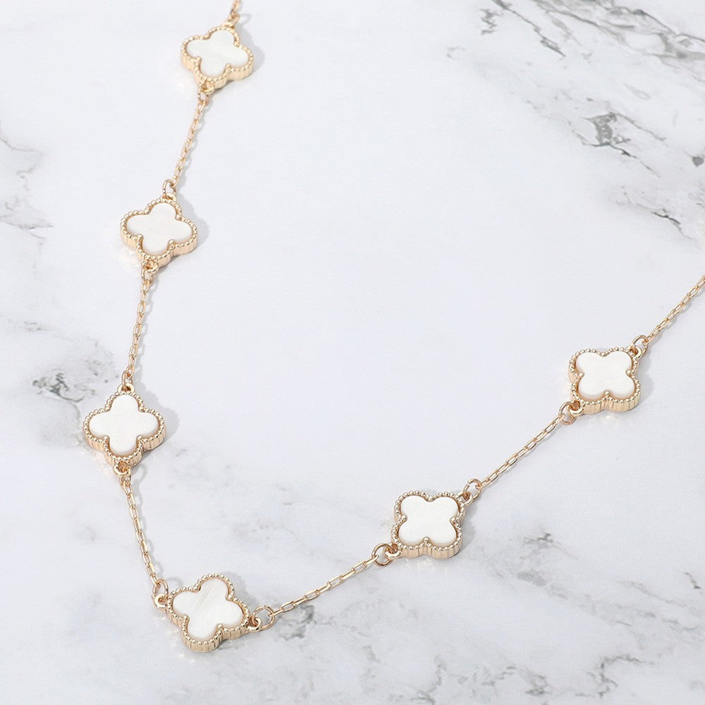 Gold Quatrefoil White Stone Station Necklace for Women Elegant Layering Jewelry