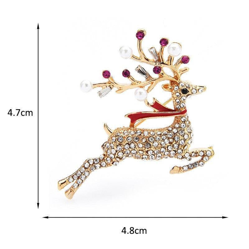 Gold Tone Leaping Reindeer Christmas Brooch Pin Red Scarf Rhinestone Pearl