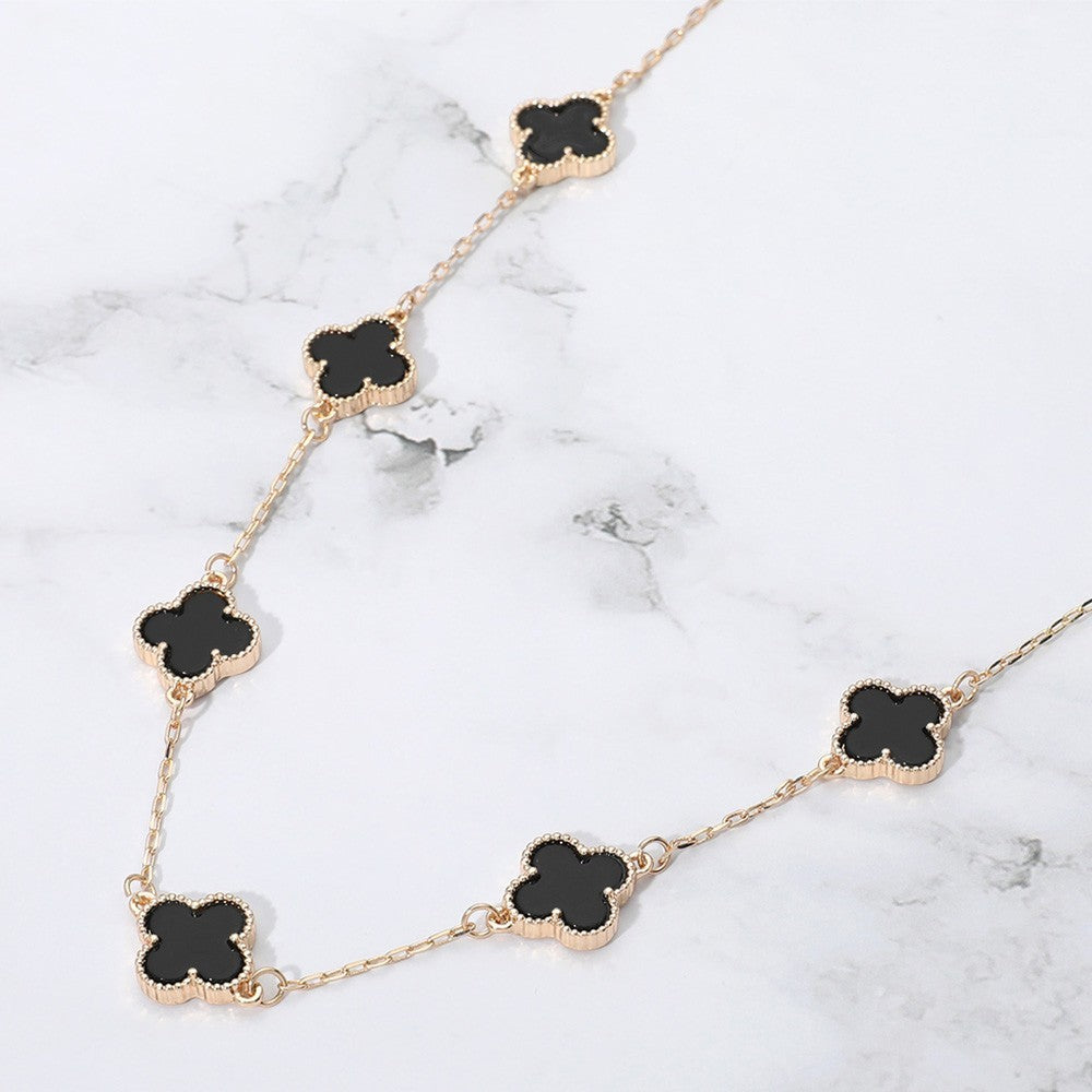 Gold Quatrefoil Black Stone Station Necklace for Women Jewelry Chain Necklaces