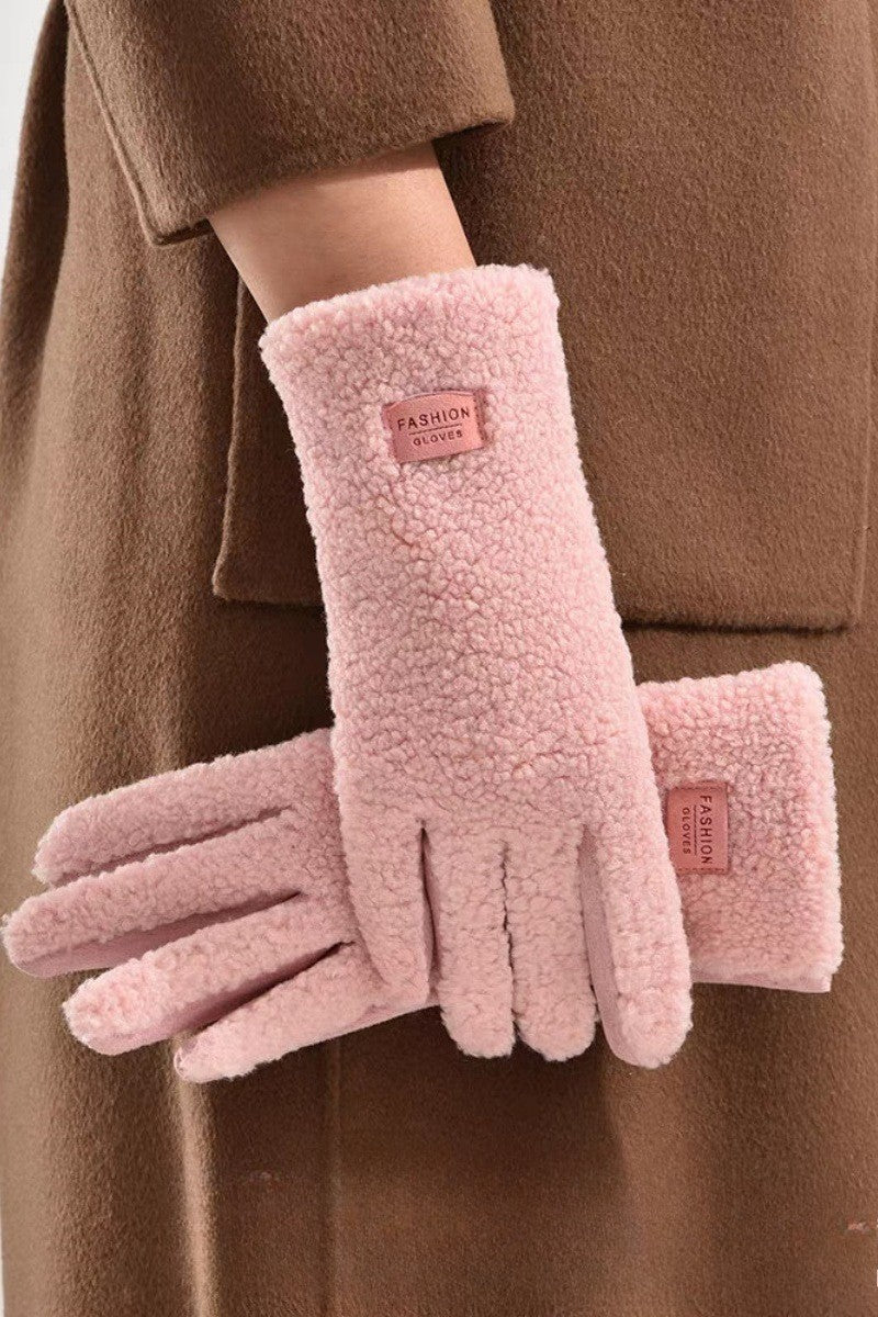 Women's Pink Faux Suede Sherpa Lined Winter Warm Gloves Cozy Faux Fur Cuff
