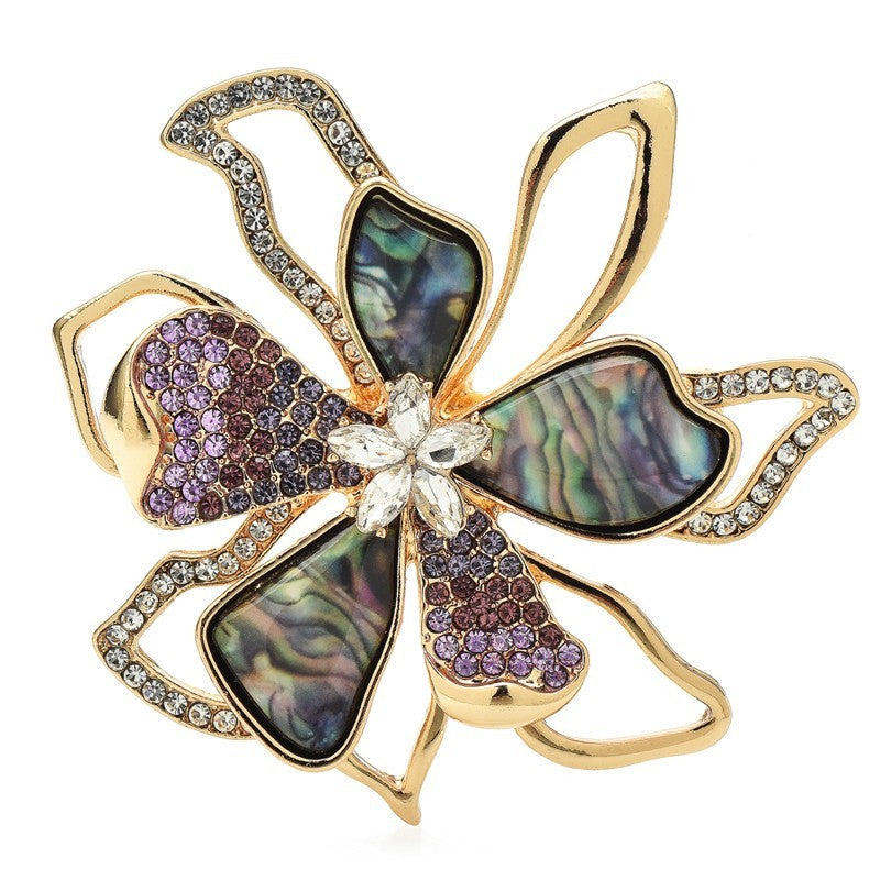 Gold Tone Abalone Shell Pin Purple Crystal Rhinestone Flower Brooch 2.3in