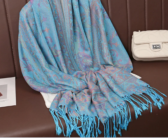 75x28 Inch Thick Paisley Print Pashmina Scarf for Women Tassel Shawl Wrap Blue