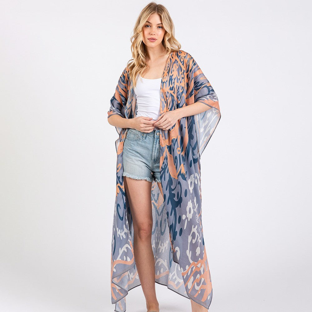 Women’s Boho Print Long Kimono Duster Sheer Cover Up Open Front Poncho