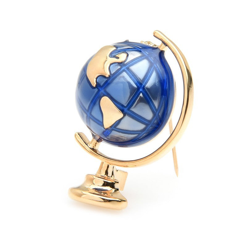 Blue Enamel Earth Globe Brooch Pin Gold Tone World Map Travel Jewelry Gift