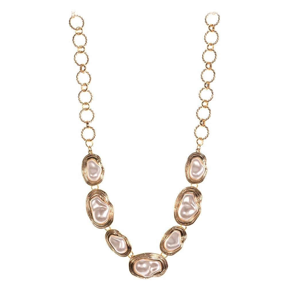 Gold Ripple Organic Faux Pearl Link Necklace Irregular Baroque Style