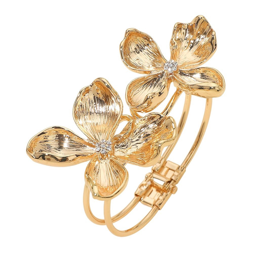 Elegant Gold Floral Double Blossom Hinged Bangle Bracelet with Crystal Accents