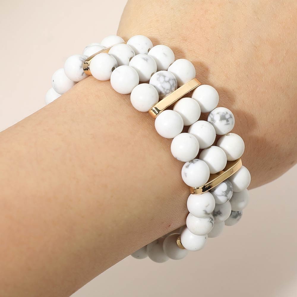 3 Row White Marble Stone Bead Stretch Bracelet Gold Bar Accent Boho Jewelry