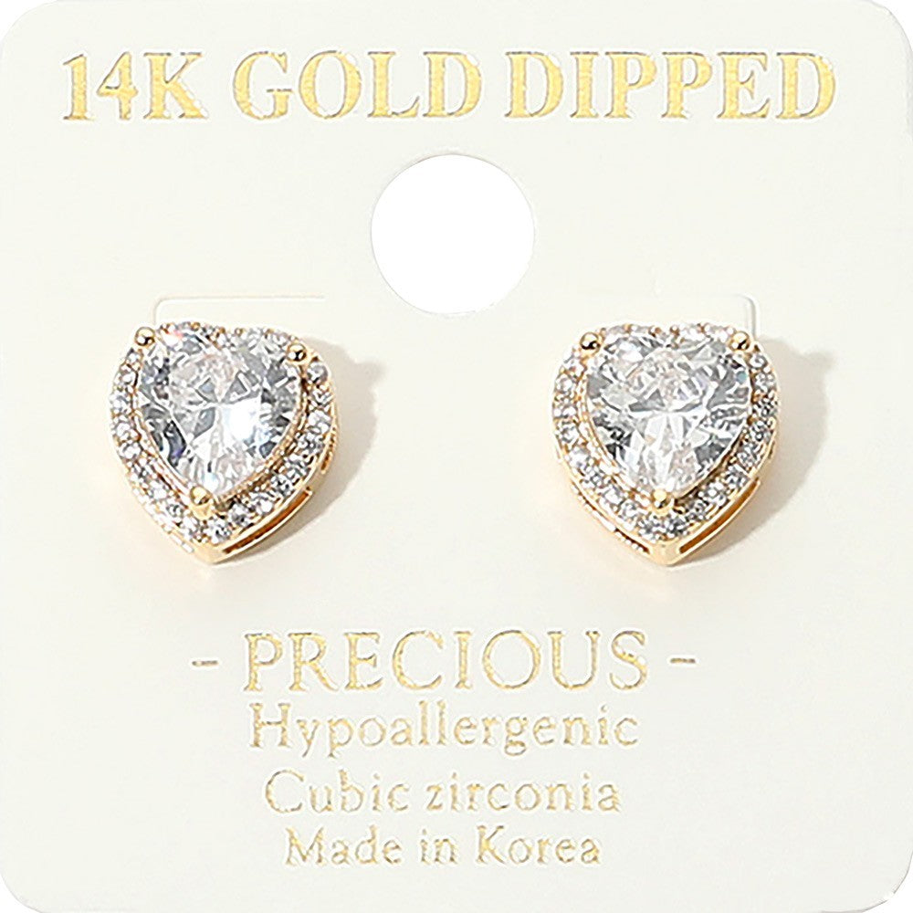 14K Gold Dipped Heart CZ Stud Earrings Hypoallergenic Fashion Jewelry Gift