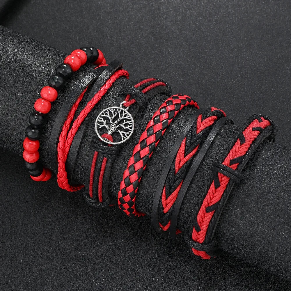 6 PCs Leather Wrap Bracelet for Men Tree of Life Charm Punk Bracelets Red