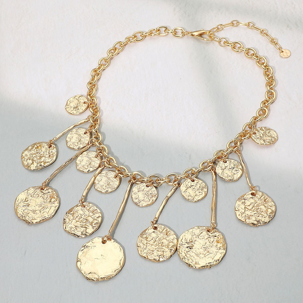 Gold Tone Statement Choker Necklace Textured Disc Coin Drop Pendant 17 inch