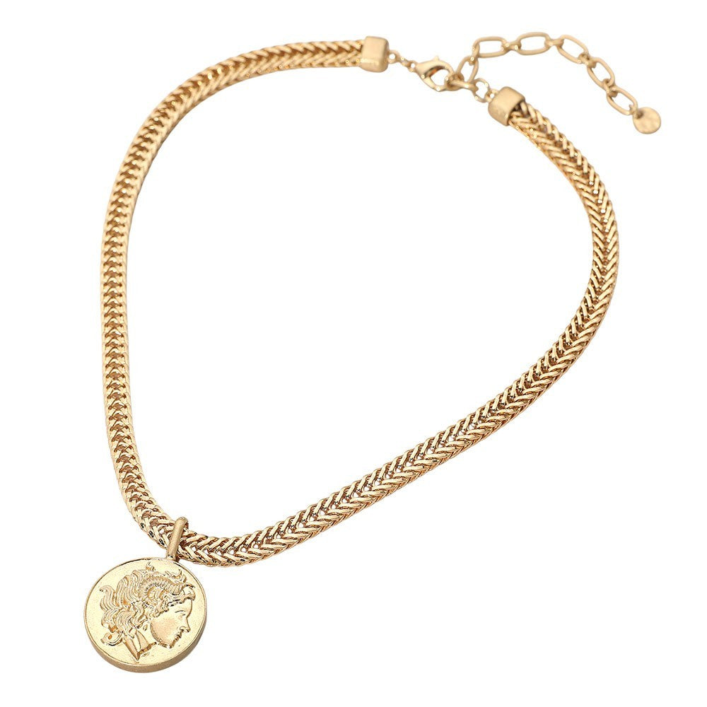 Chunky Gold Coin Pendant Necklace Foxtail Chain Medallion Choker Statement