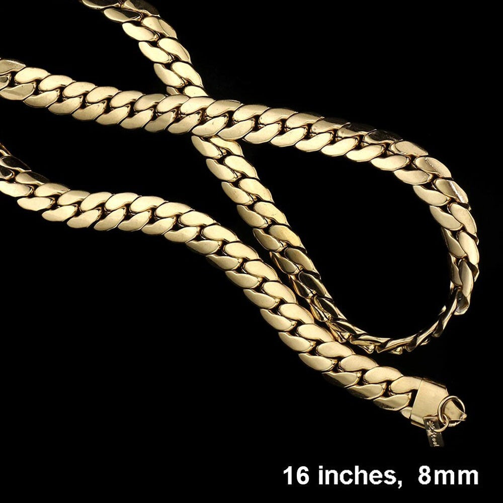 16 Inch 8mm Stainless Steel Cuban Chain Necklace for Men Gold Tone Jewelry