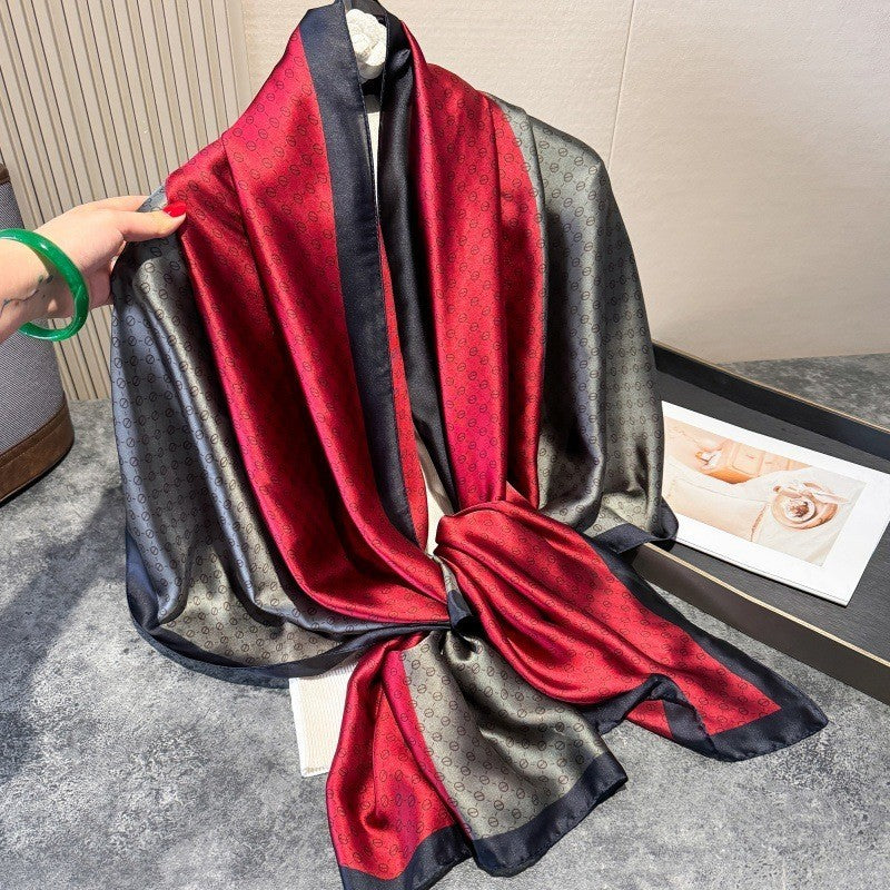 Reversible Red Gray Pattern Polyester Scarf Shawl Wrap Women Oversized