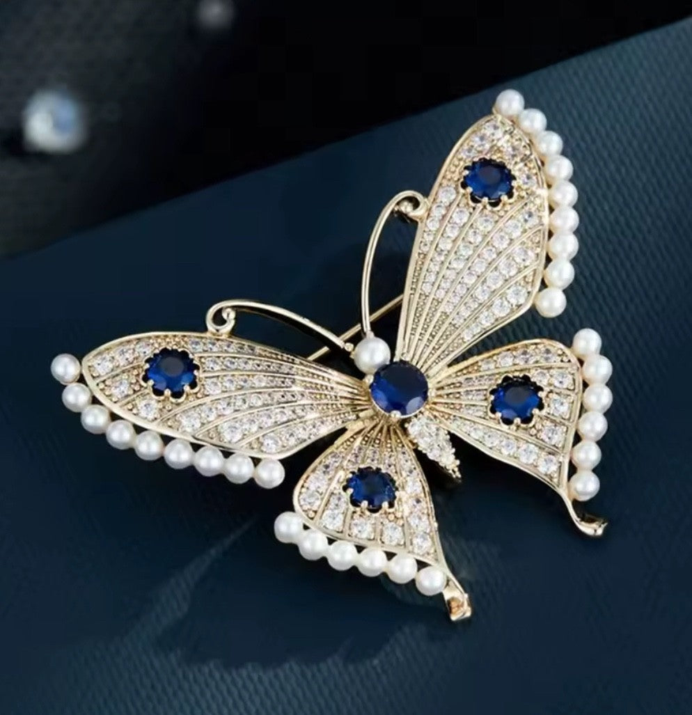 2pcs Vintage Butterfly Blue Crystal & Pearl Brooch Set - Elegant Two Piece
