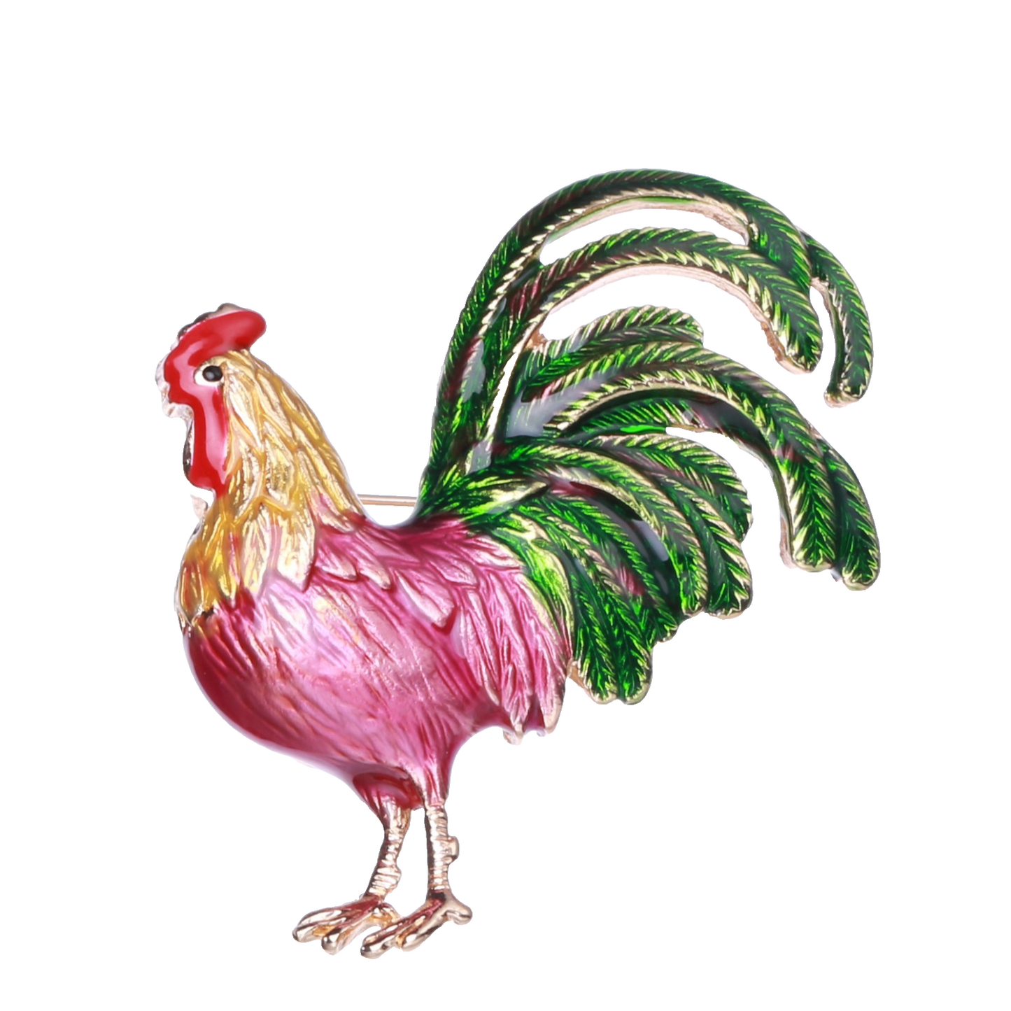 Enamel Rooster Brooch Pin Pink Green Gold Animal Bird Farmhouse Chic Jewelry