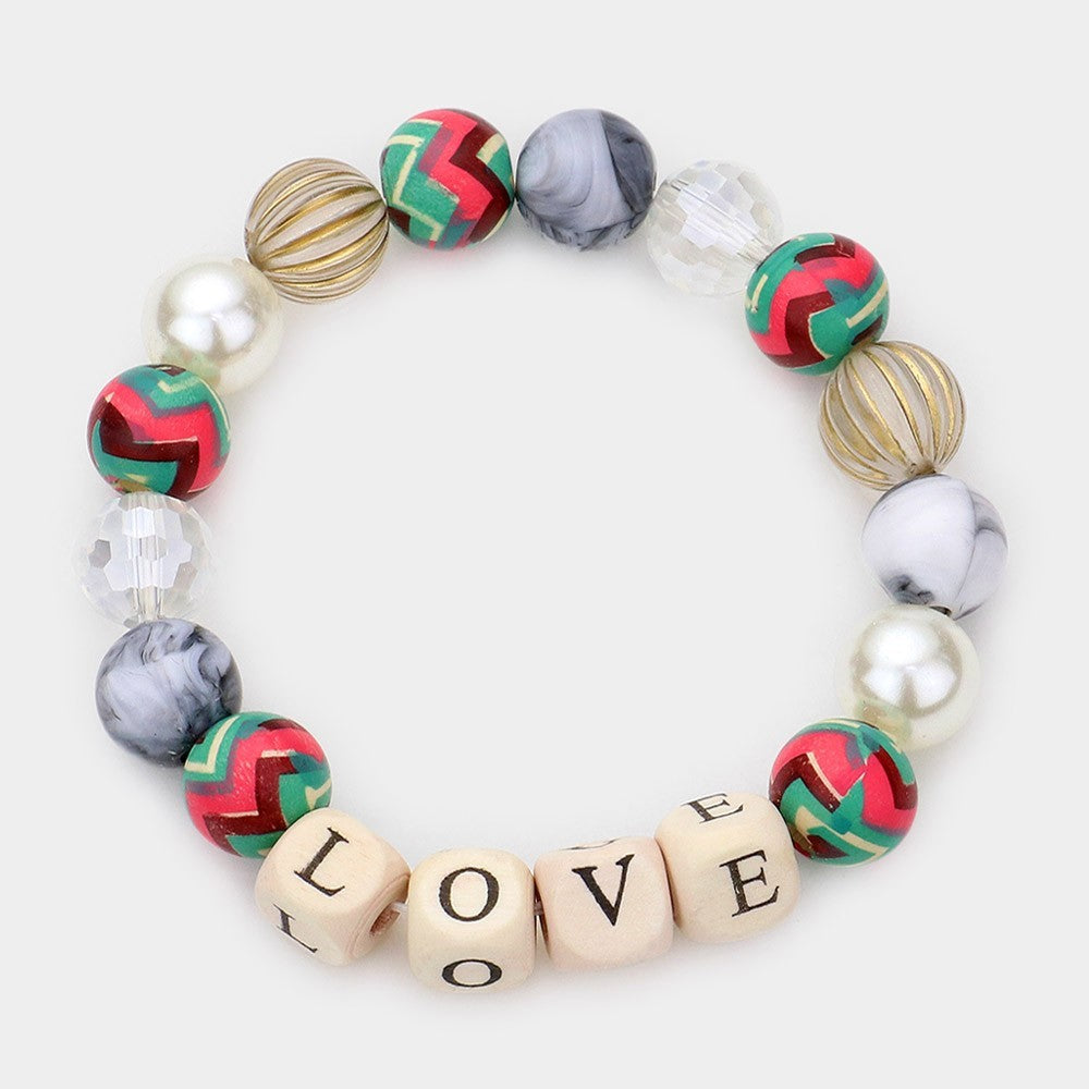 2 Pcs "LOVE" Message Accented Pearl Beaded Stretch Bracelet for Women Multi