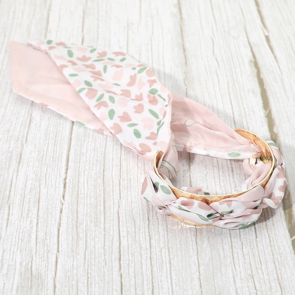 Pink Floral Satin Scarf Wrap Gold Bangle Bracelet Chic Boho Wrist Accessory
