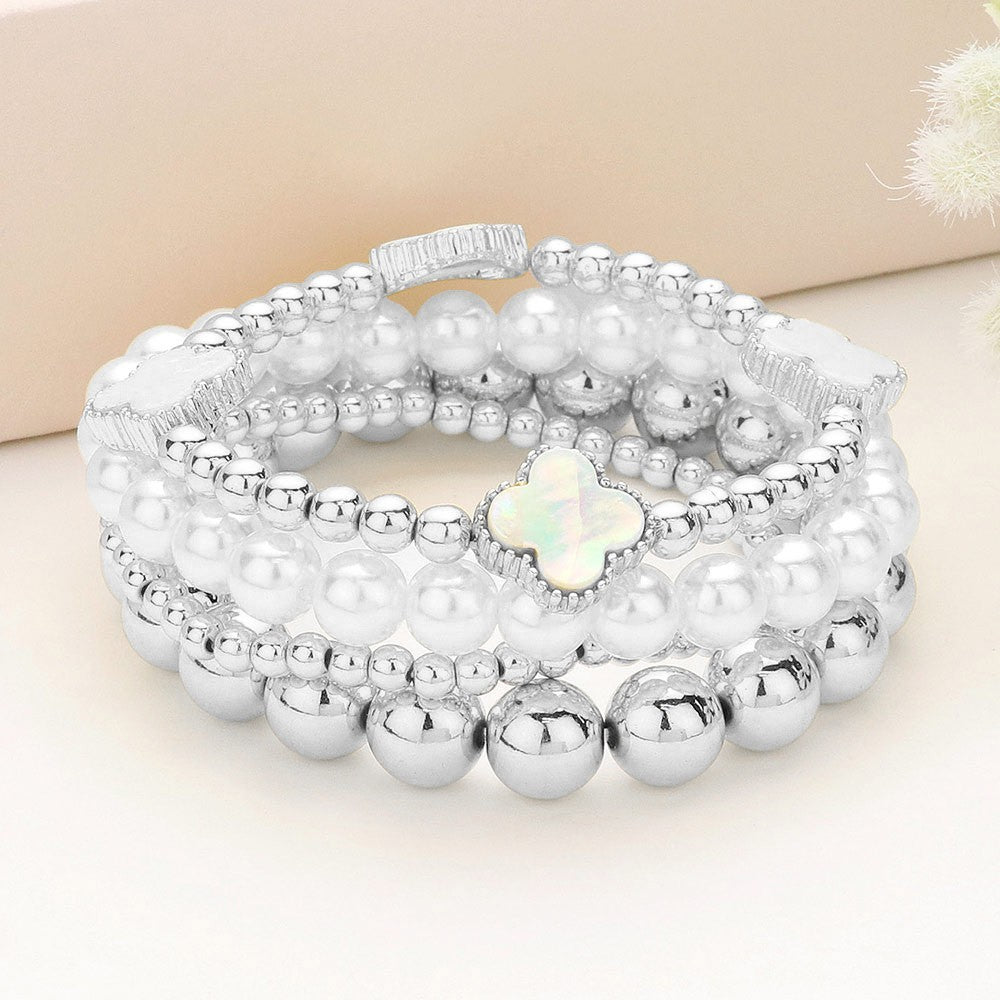 4PCS Quatrefoil Pointed Metal Ball Pearl Beaded Stretch Multi-Layer Bracelets