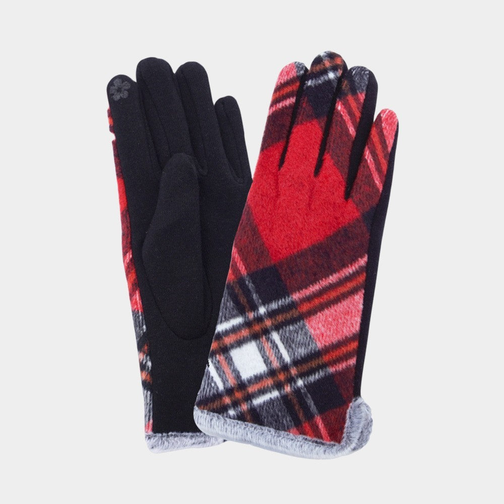 Womens Red Plaid Smart Touch Winter Gloves Cozy Faux Fur Trim Tech Warmers