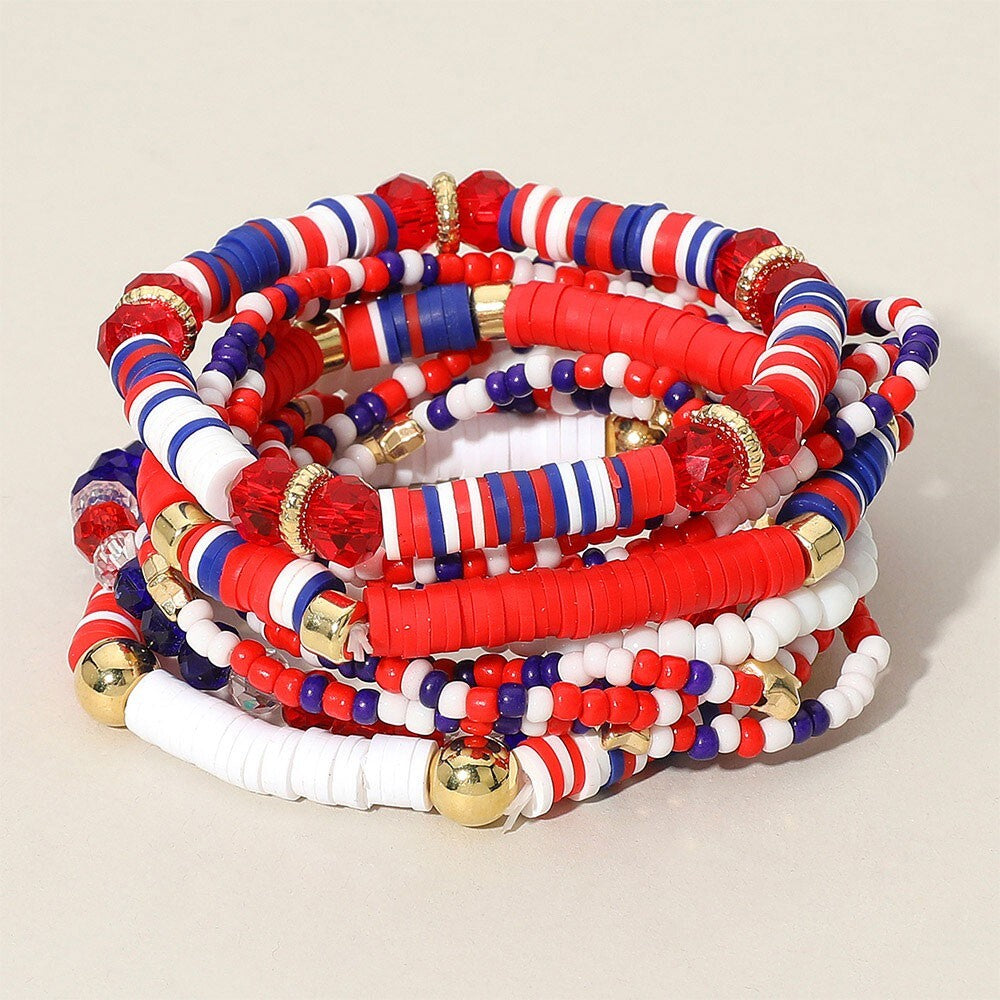 10PCS American USA Star Beaded Stretch Multi Layered Bracelets Set
