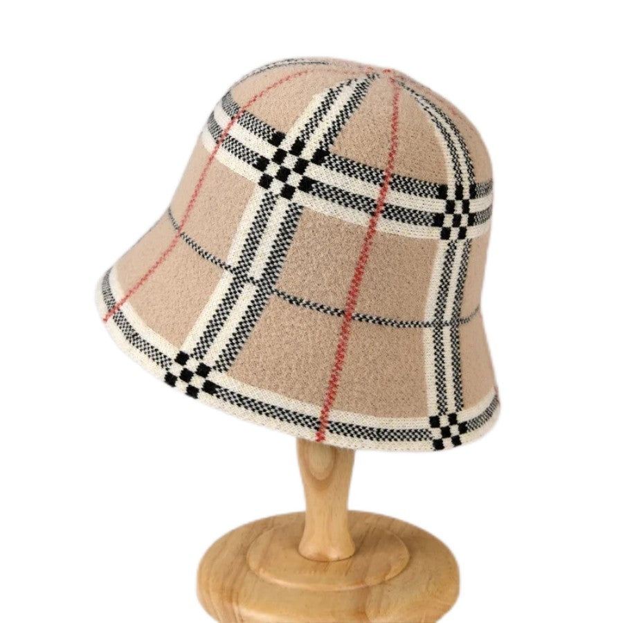 Wool Blend Plaid Bucket Hat Women's Winter Check Tartan Brown Fisherman Cap