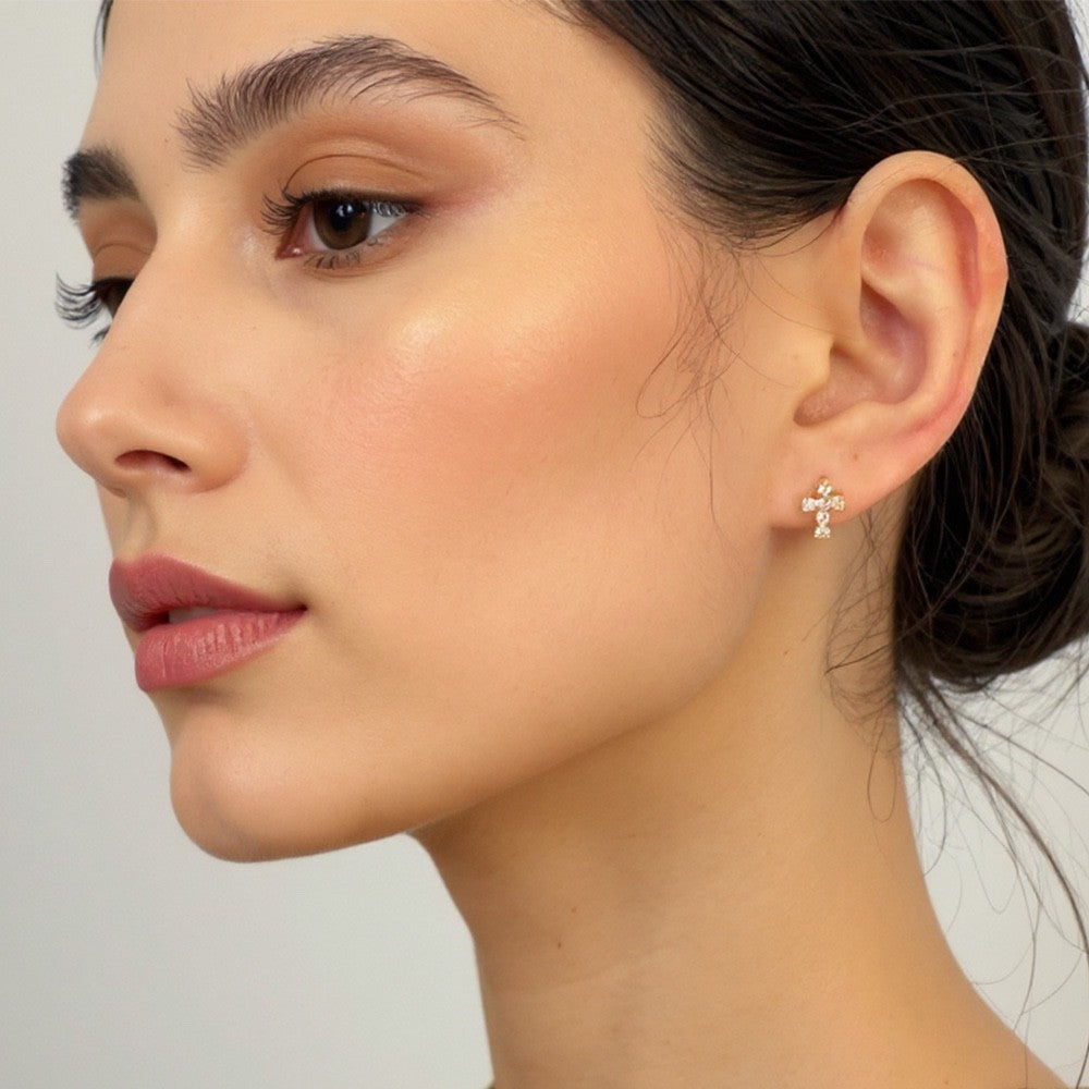 Gold Cubic Zirconia Dainty Cross Stud Earrings - Religious Faith Jewelry Set