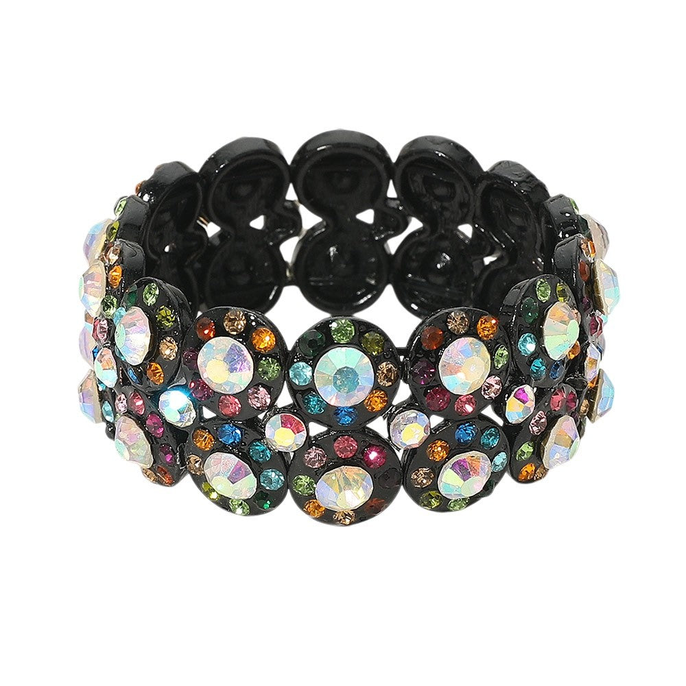 Black Multicolored Crystal Rhinestone Wide Stretch Fashion Statement Bracelet