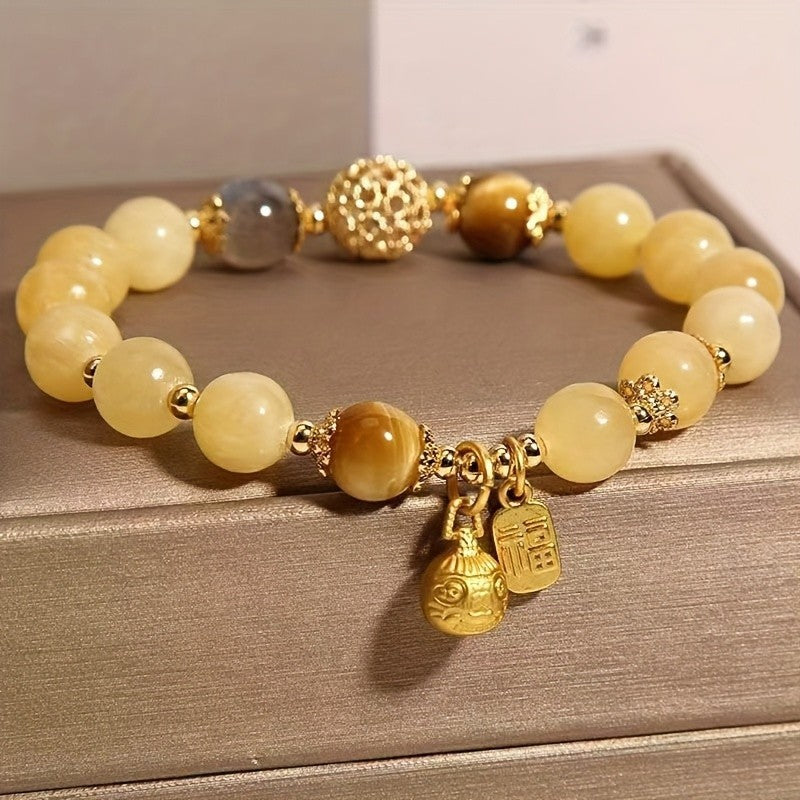 Yellow Jade Tiger Eye Beaded Bracelet Fu Good Fortune Charm 7.09in Gift