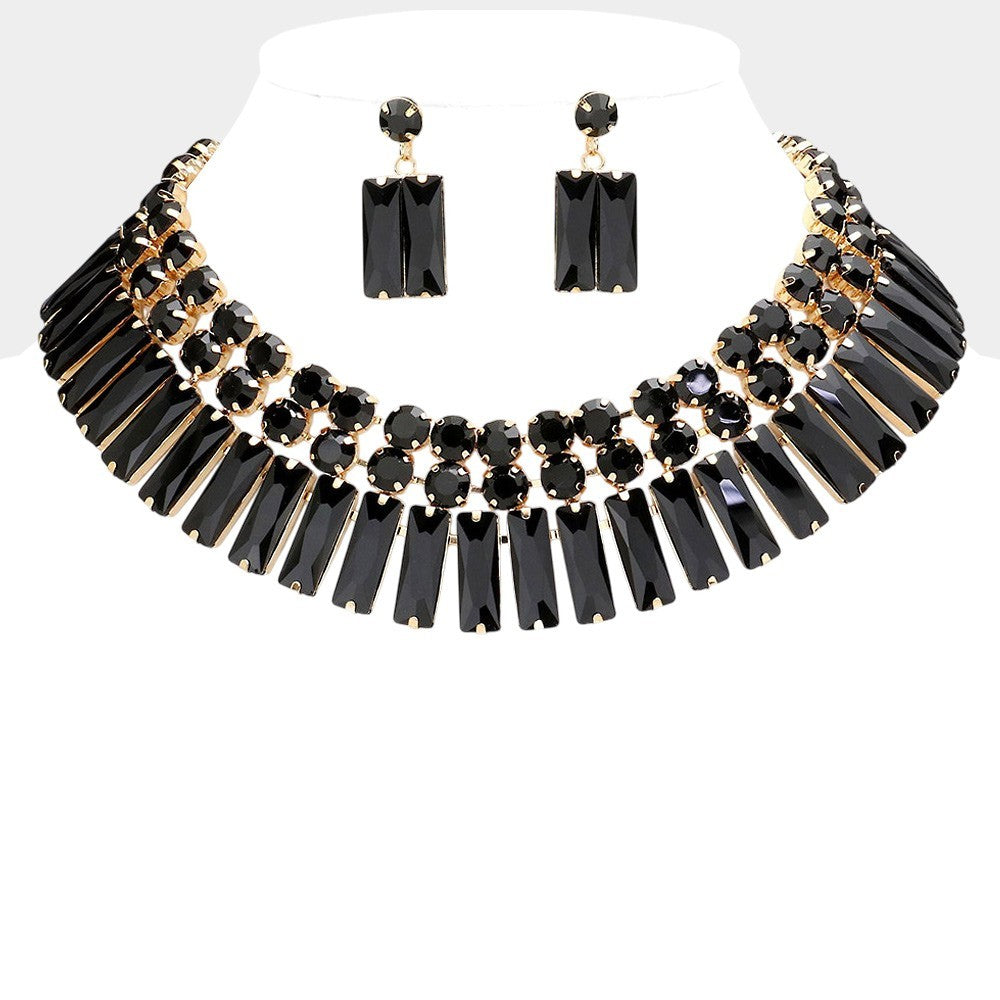 Round Rectangle Stone Cluster Evening Rhinestone Necklace and Earrings Set Black