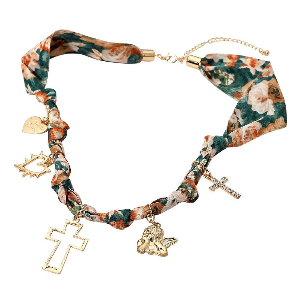 2 Pcs Women's Floral Fabric Scarf Necklace Cross Angel Heart Charm Station Gold