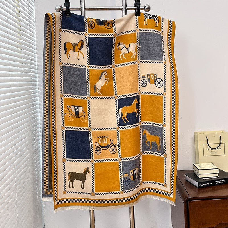 Warm Reversible Horse Carriage Print Scarf Shawl Wrap Blanket Oversize