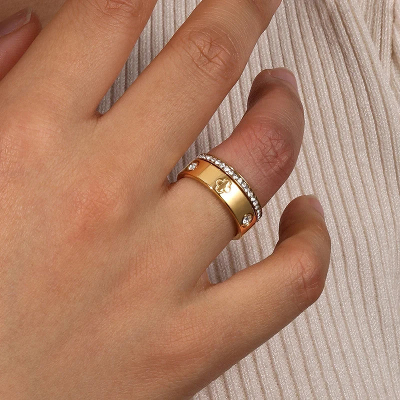 French Clover 18K Gold Plated Zircon Ring Set for Women Waterproof Jewelry Size8