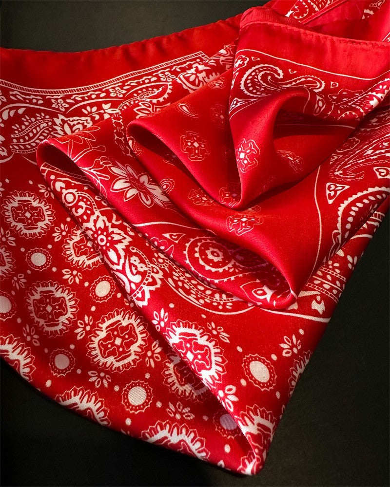 2pc Paisley Bandana Scarf Set Black & Red Women's Satin Silky Neckerchief