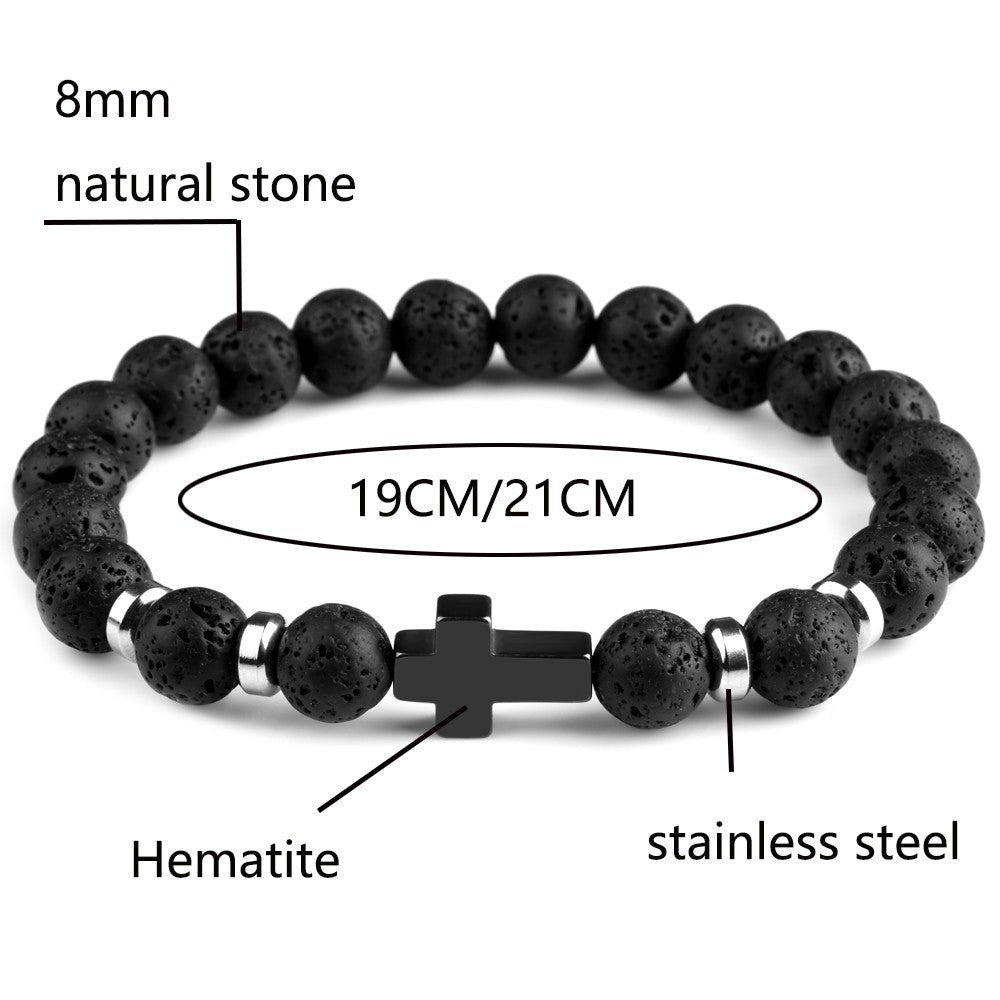 Men's Black Lava Stone Bracelet with Black Cross & Silver Accents Jewelry