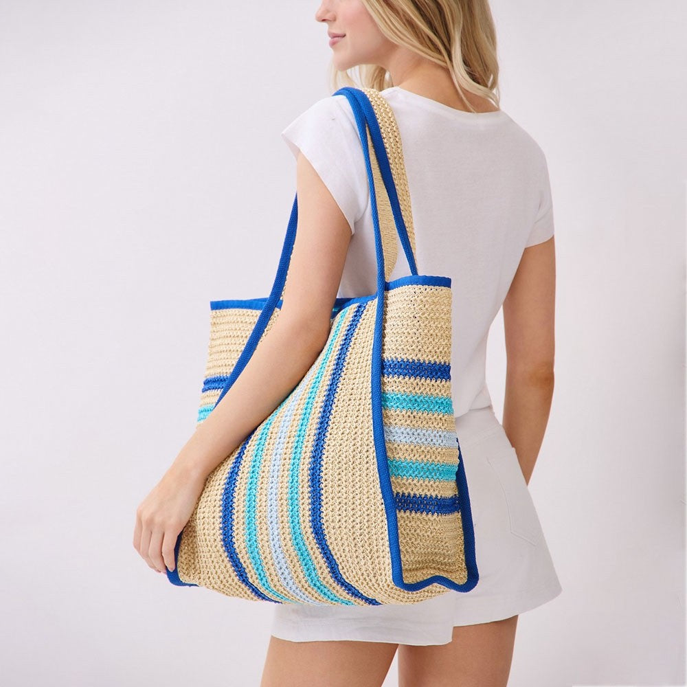 Large Striped Woven Straw Beach Tote Bag with Blue Accents - Summer Shoulder Bag