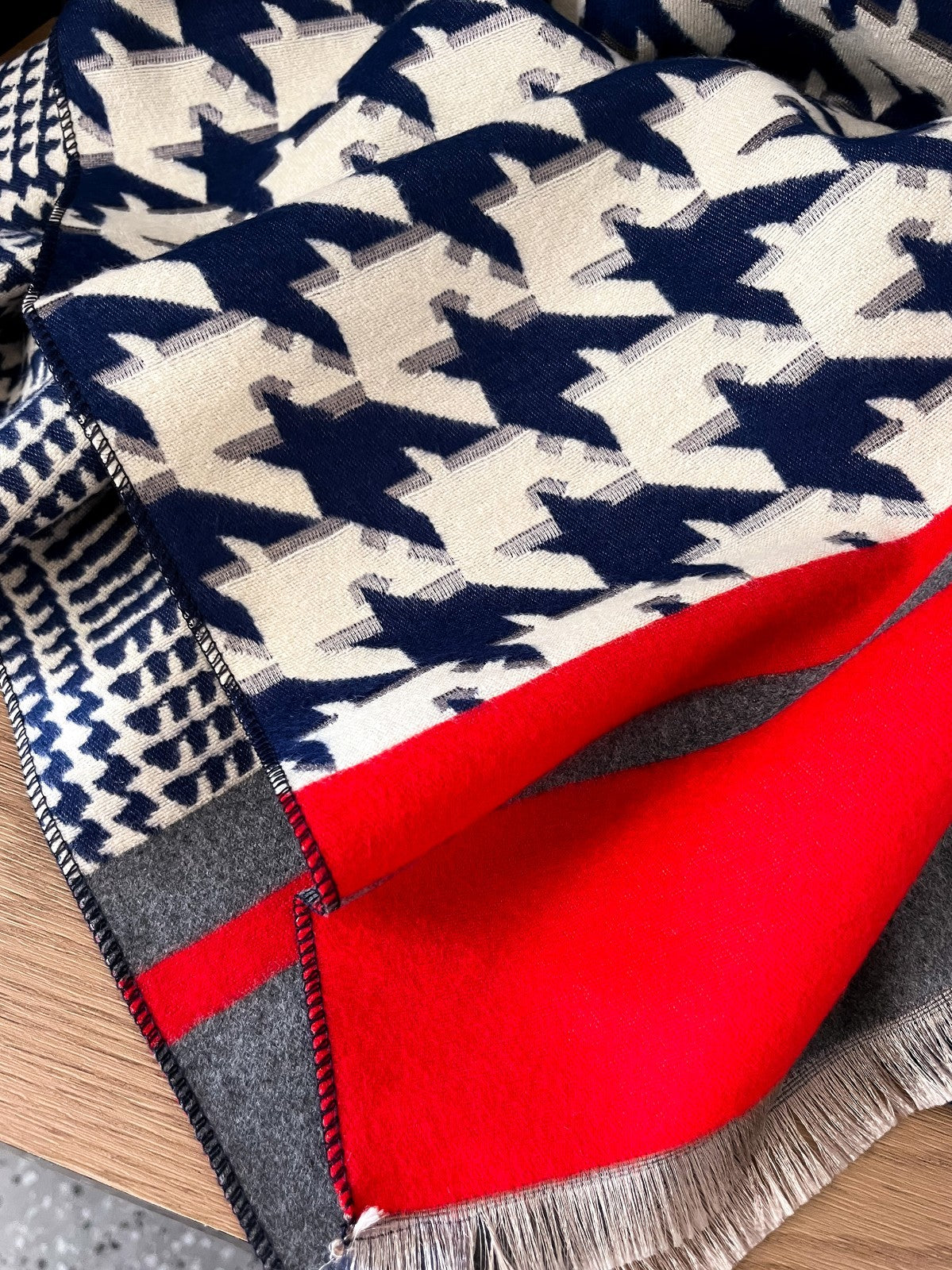 Oversized Navy Houndstooth Scarf Red Gray Block Polyester Geometric Shawl Wrap