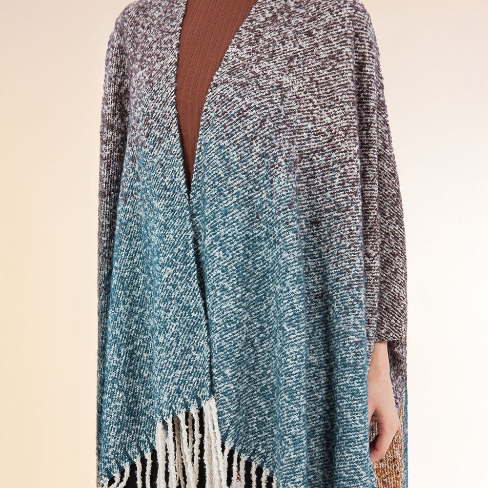 Ombre Knit Ruana Poncho for Women Open Front Fringe Shawl Wrap Cape