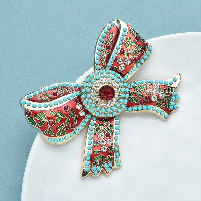 Vintage Style Enamel Rhinestone Bow Brooch Pin Festive Red Teal Gold