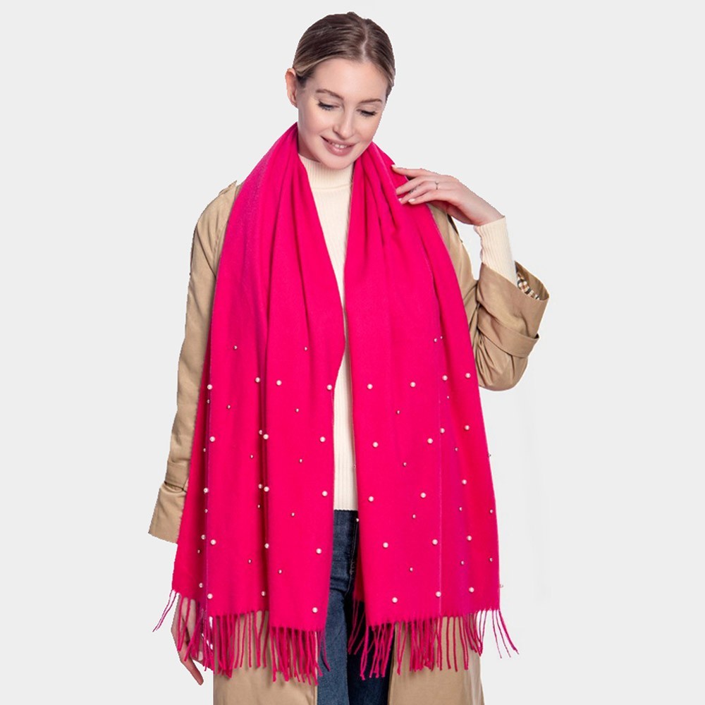 Pearl Embellished Solid Fringe Trim Oblong Scarf for Women Pink 26.5" X 74.8"