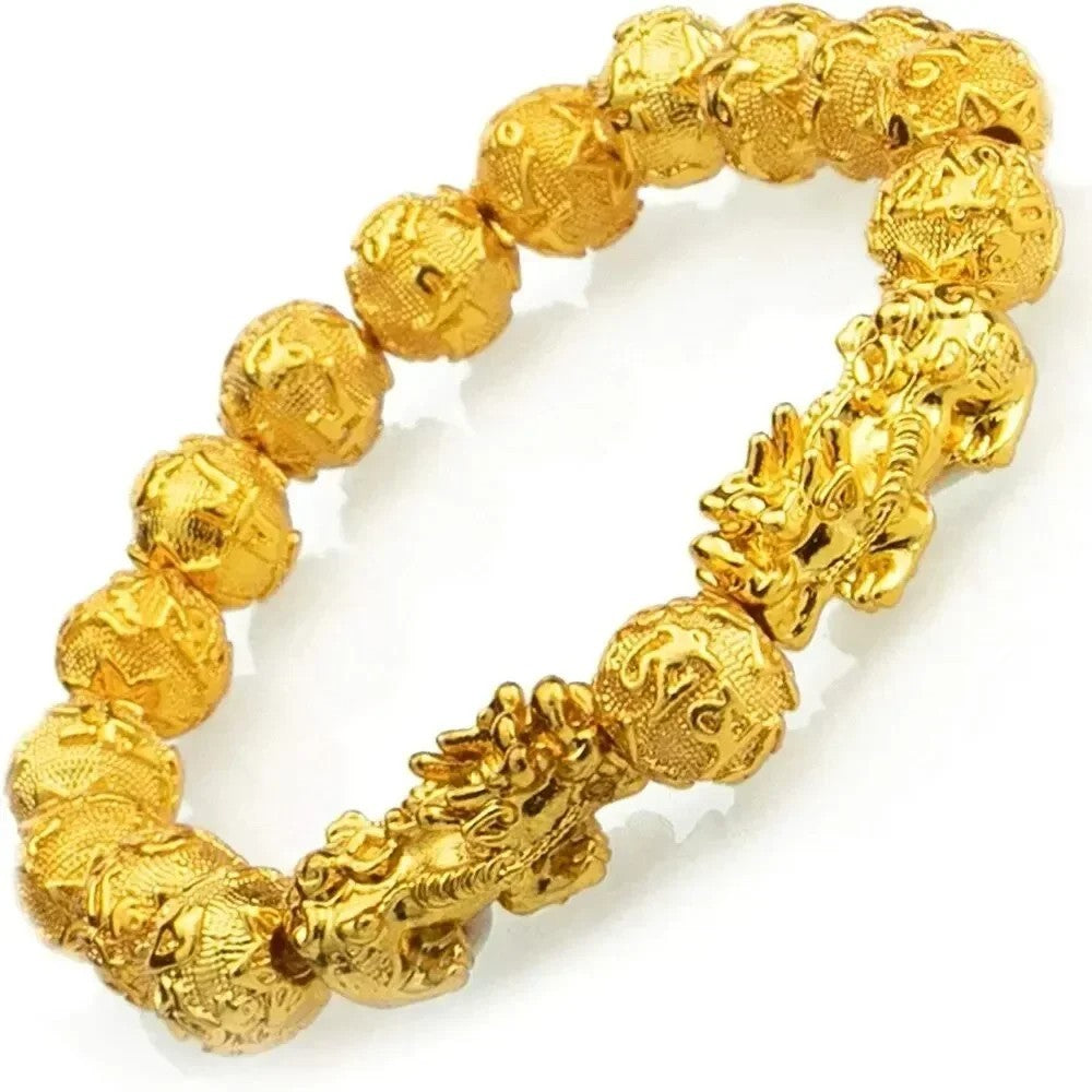 Gold Tone 10mm Natural Beaded Charm Bracelet for Wealth and Good Luck Feng Shui