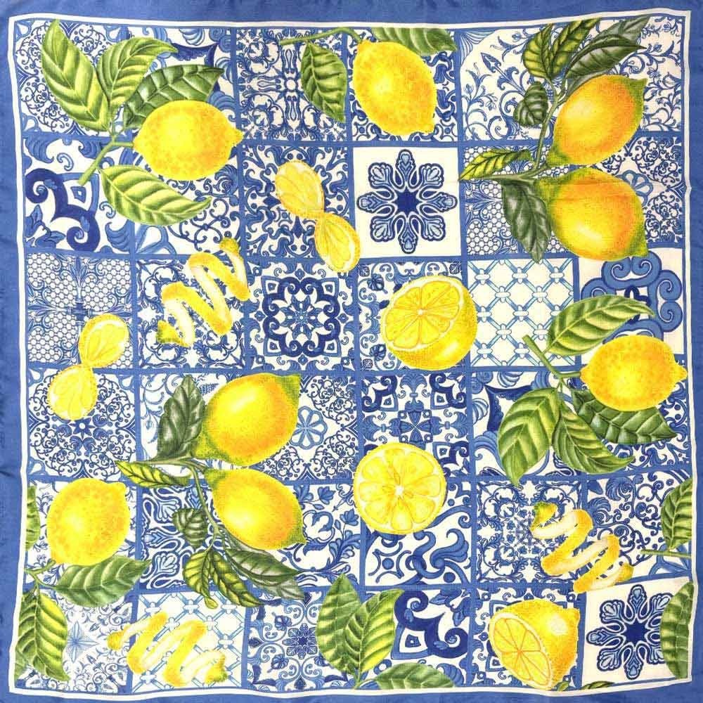 Mediterranean Lemon Tile Print Silk Feel Square Bandana Scarf Blue Yellow 27.6in