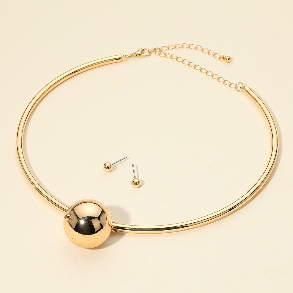 2pc Minimalist Gold Tone Torque Choker Necklace Stud Earrings Set Collar