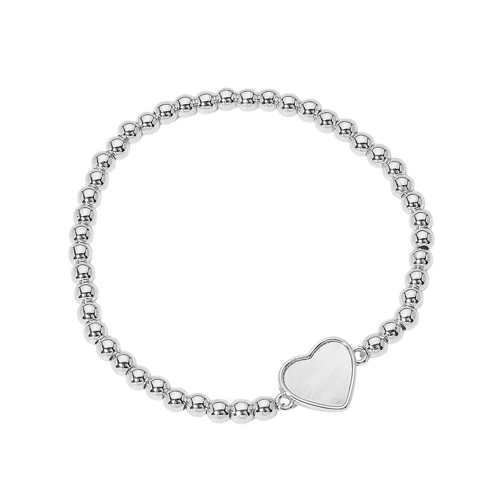 Stainless Steel Ball Mother of Pearl Heart Beaded Stretch Bracelet for Women