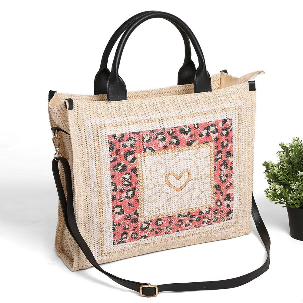 Heart Printed Straw Tote Bag Crossbody Purse for Women Summer Travel Beach Style