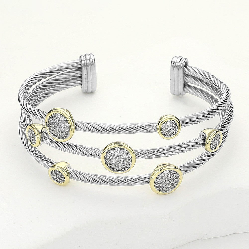 Stone Paved Round Bezel Pointed Split Cuff Bracelet Women’s Fashion Jewelry